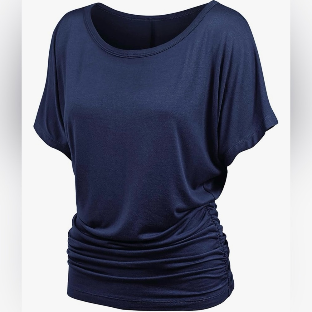 Casual Solid Short Sleeve Boat Neck Dolman Top with Side Shirring -navy